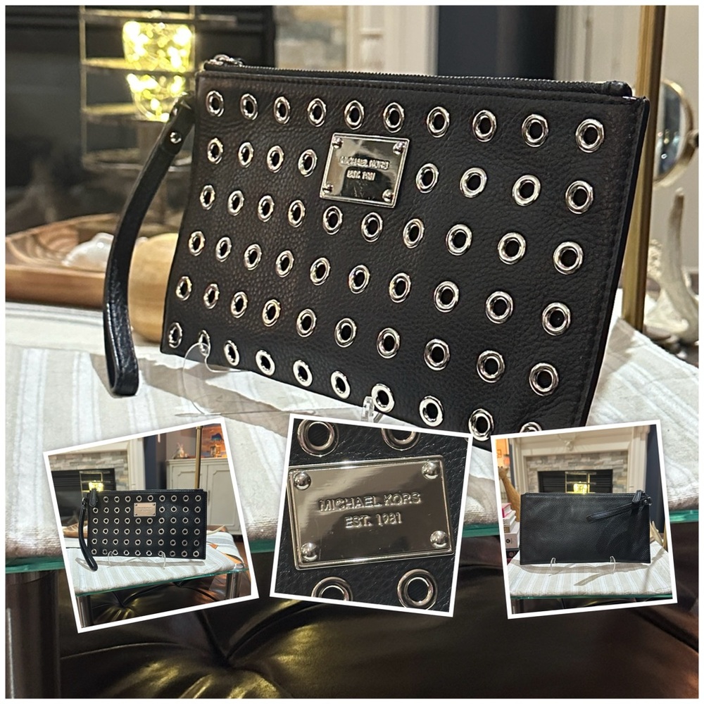 MICHAEL Michael Kors Jet Set Large Studded Black Pebble Leather Wristlet, EUC 🔥